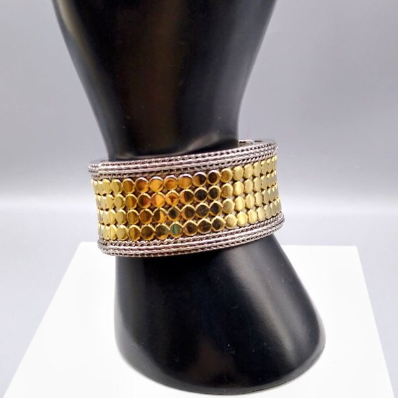 Chunky Retro Clamper Bracelet, Two Tone Wide Vintage Hinged Bangle - Picture 3 of 4